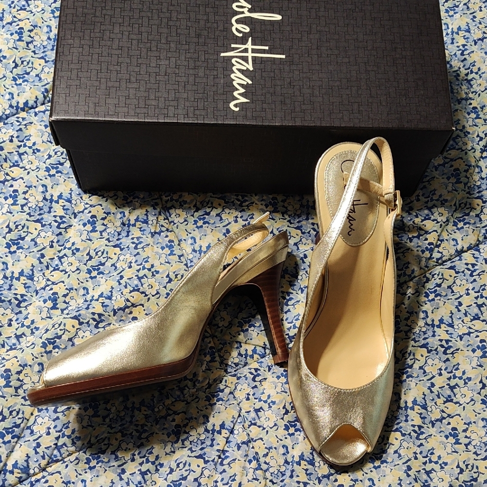 Cole Haan Women's Silver Peep Toe Slingback Heels